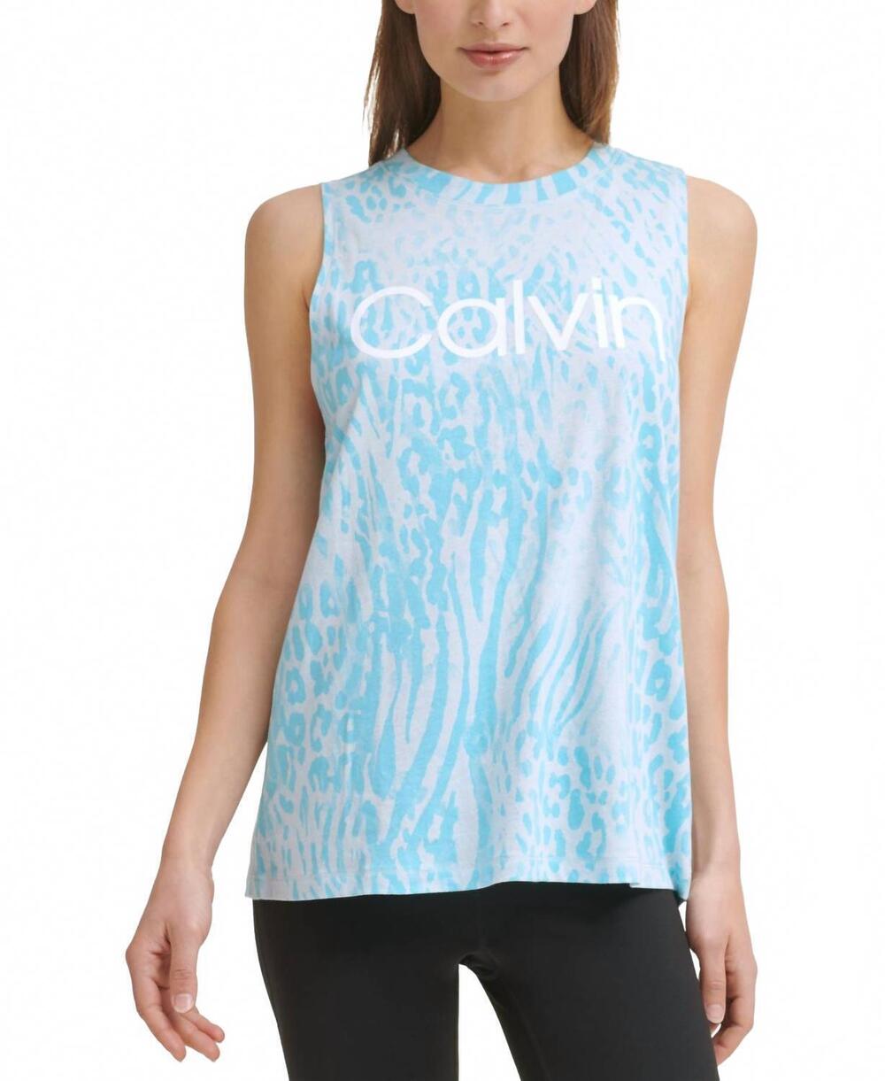 NEW CALVIN KLEIN activewear performance printed sleeveless top in bleached aqua